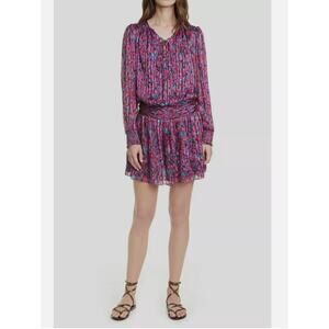 Ramy Brook Gessy 100% Silk Lace Up Neck Shadow Stripe Pink Multi Mini Dress XS